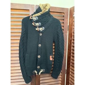 Vercini Mens Black Cable Knit Toggle Cardigan Faux Fur Collar Sweater Large